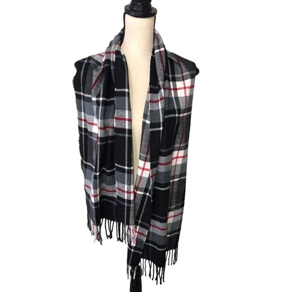Lands End Scarf Plaid Soft Black White Red Fringe Winter Fall Unisex - Picture 4 of 6